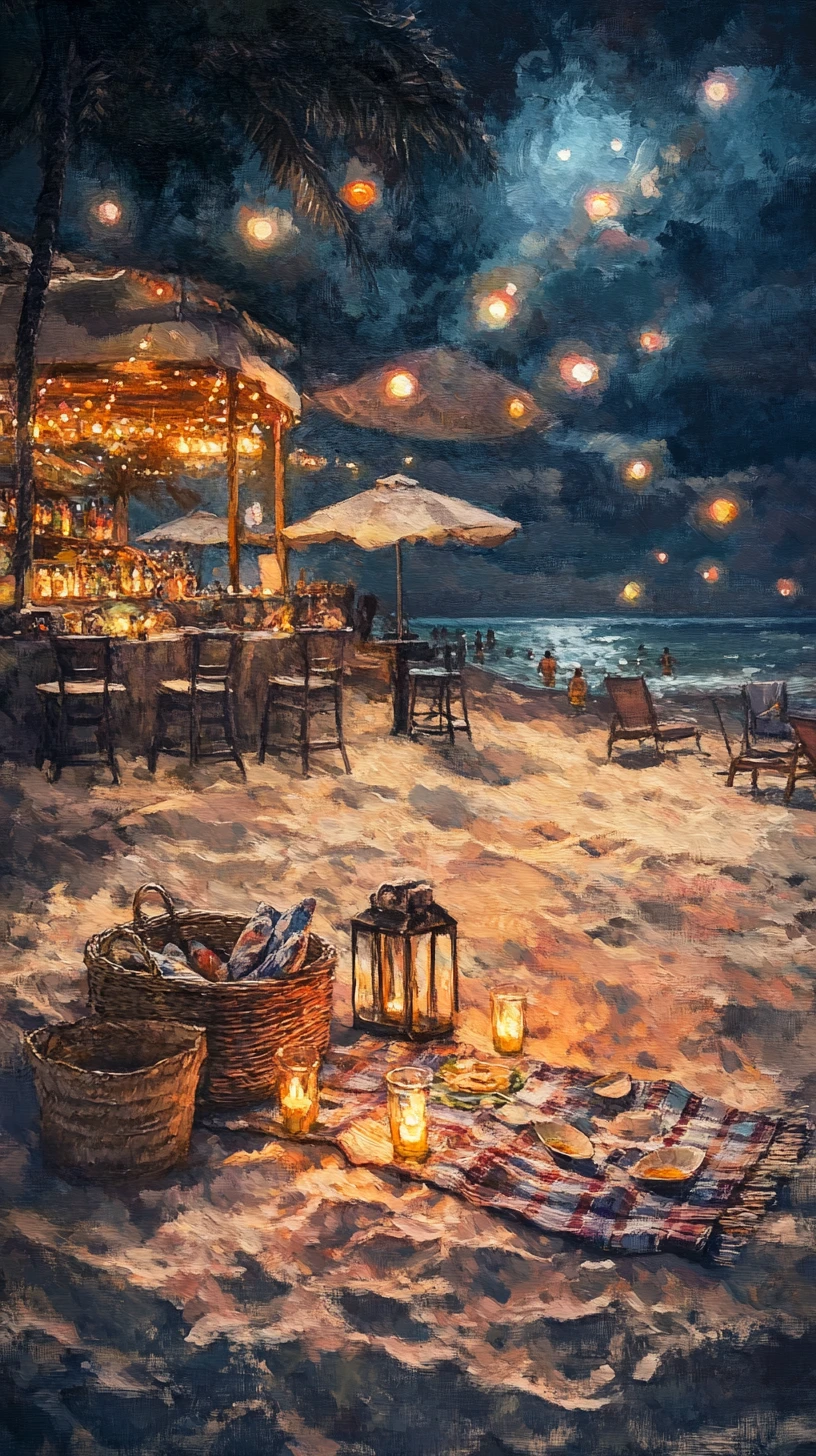 寧靜夏日海灘上的浪漫燭光野餐場景