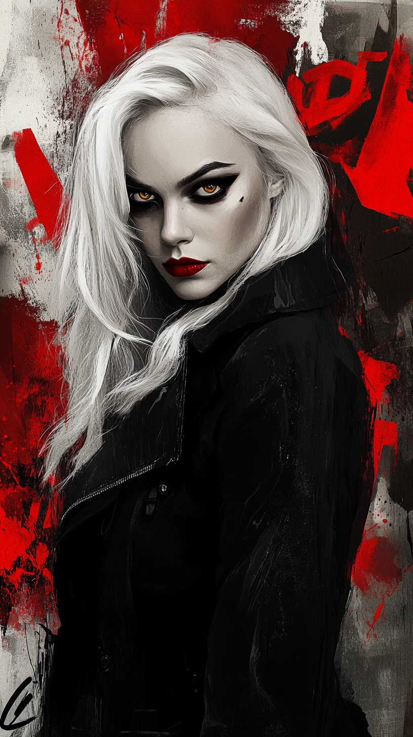 Fierce woman portrait in black coat with red graffiti