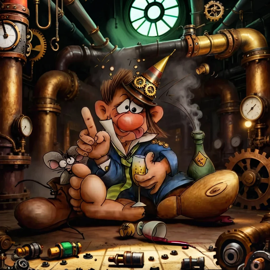 Cartoon man partying in whimsical steampunk industrial room