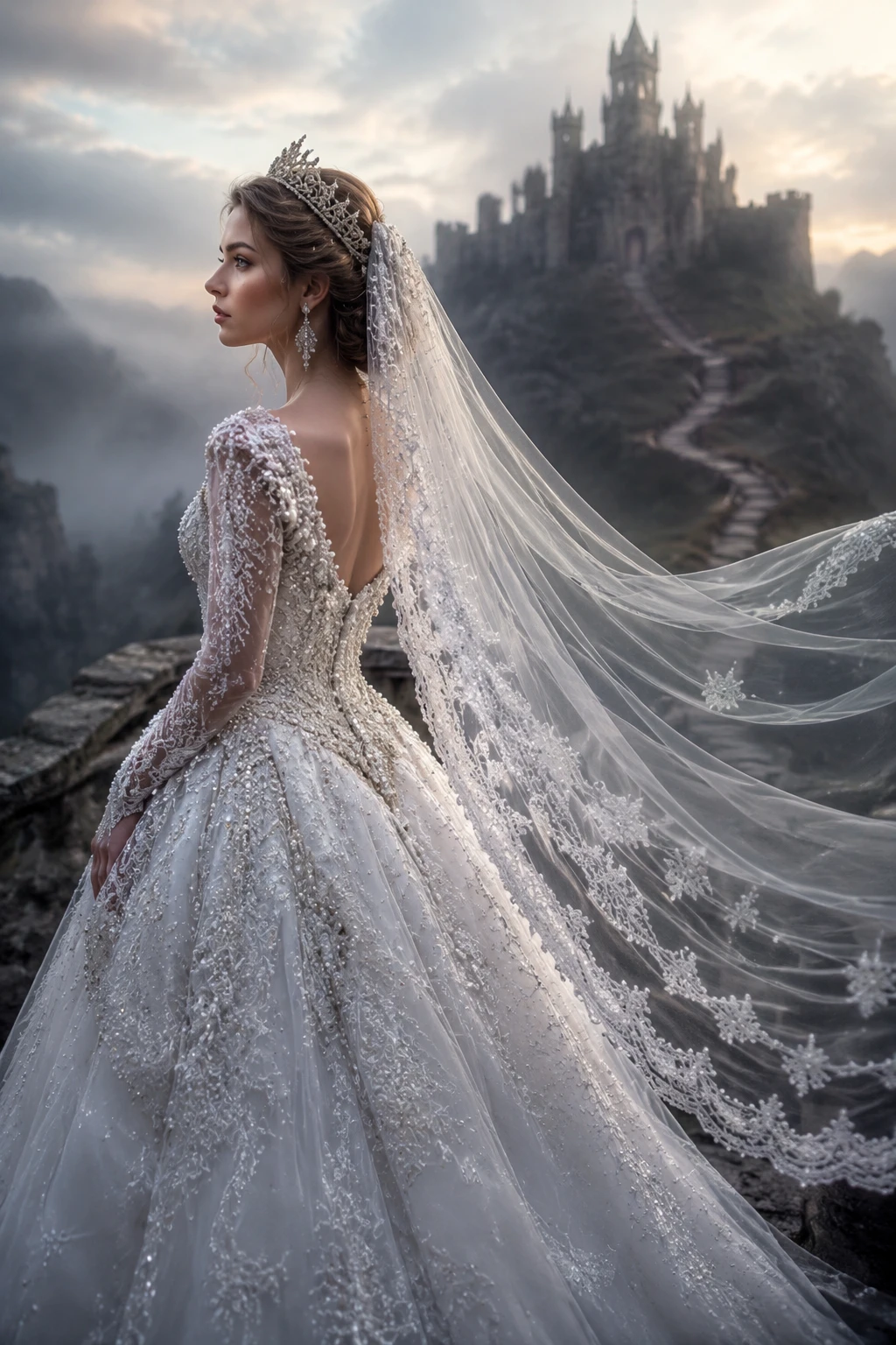 Princess bride in profile with flowing veil and castle