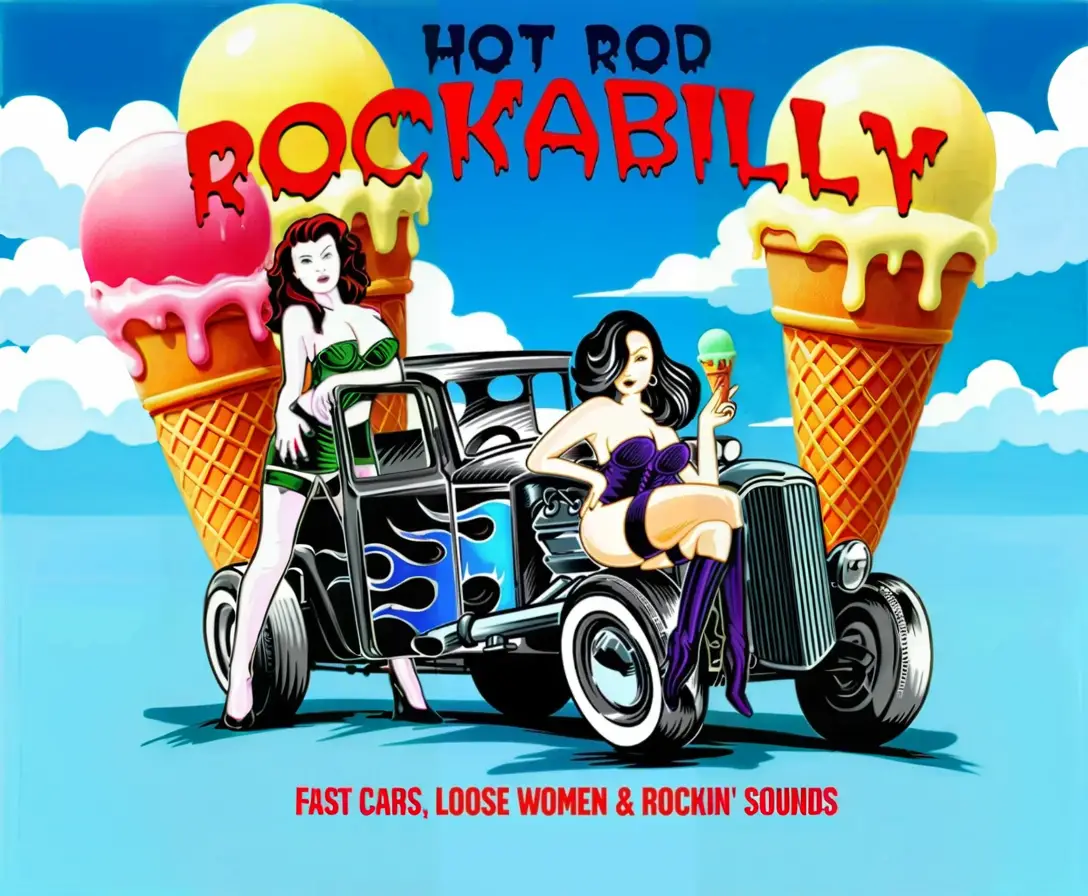 Retro hot rod car with rockabilly girls and ice cream