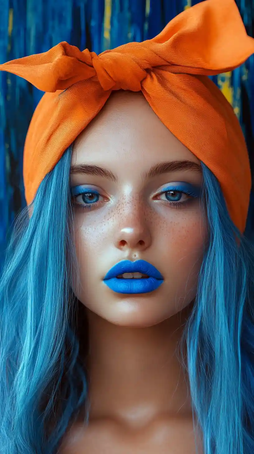 Colorful portrait of a blue haired woman with orange headband