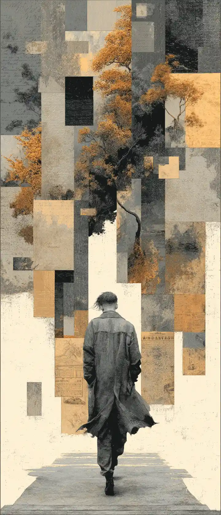 Anime woman walking away into a vast torn fabric wall