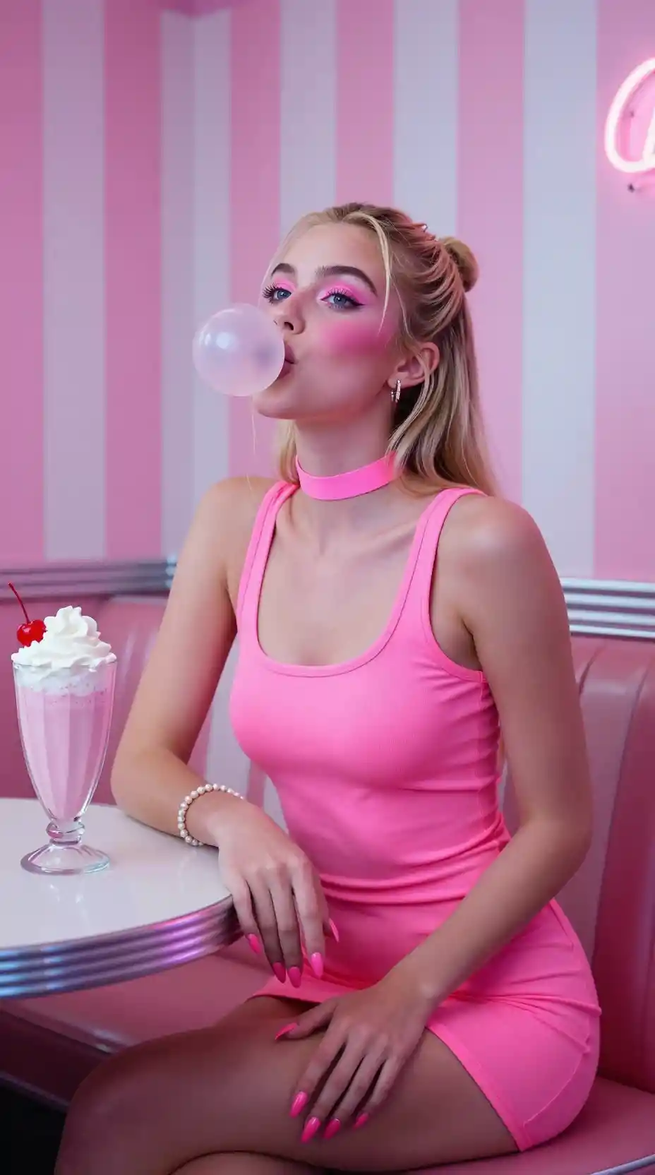 Blonde woman blowing bubble gum in neon pink diner