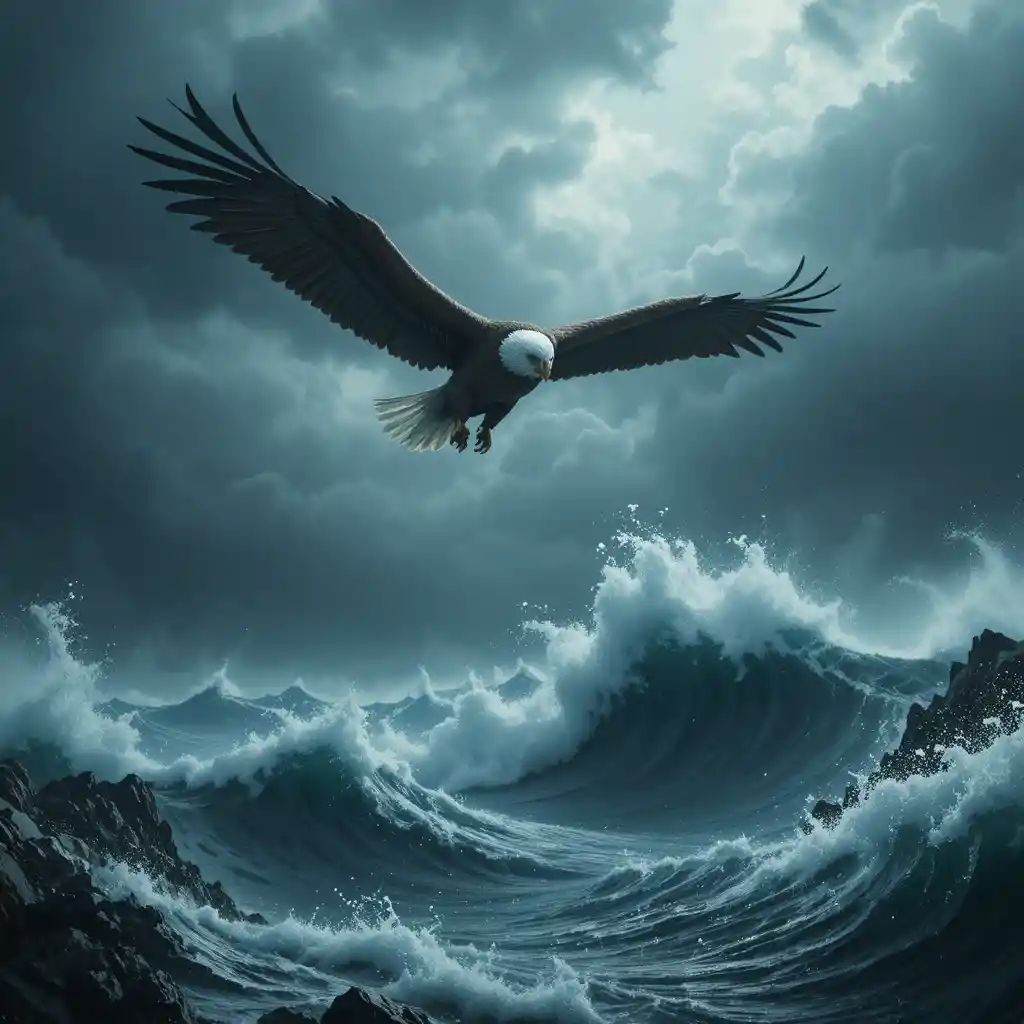 Eagle Soaring Above Colossal Waves In A Stormy Sky
