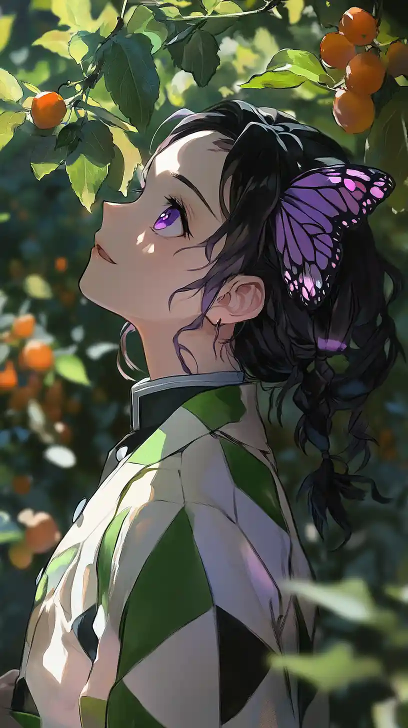 Anime girl smiling softly in a glowing forest orchard