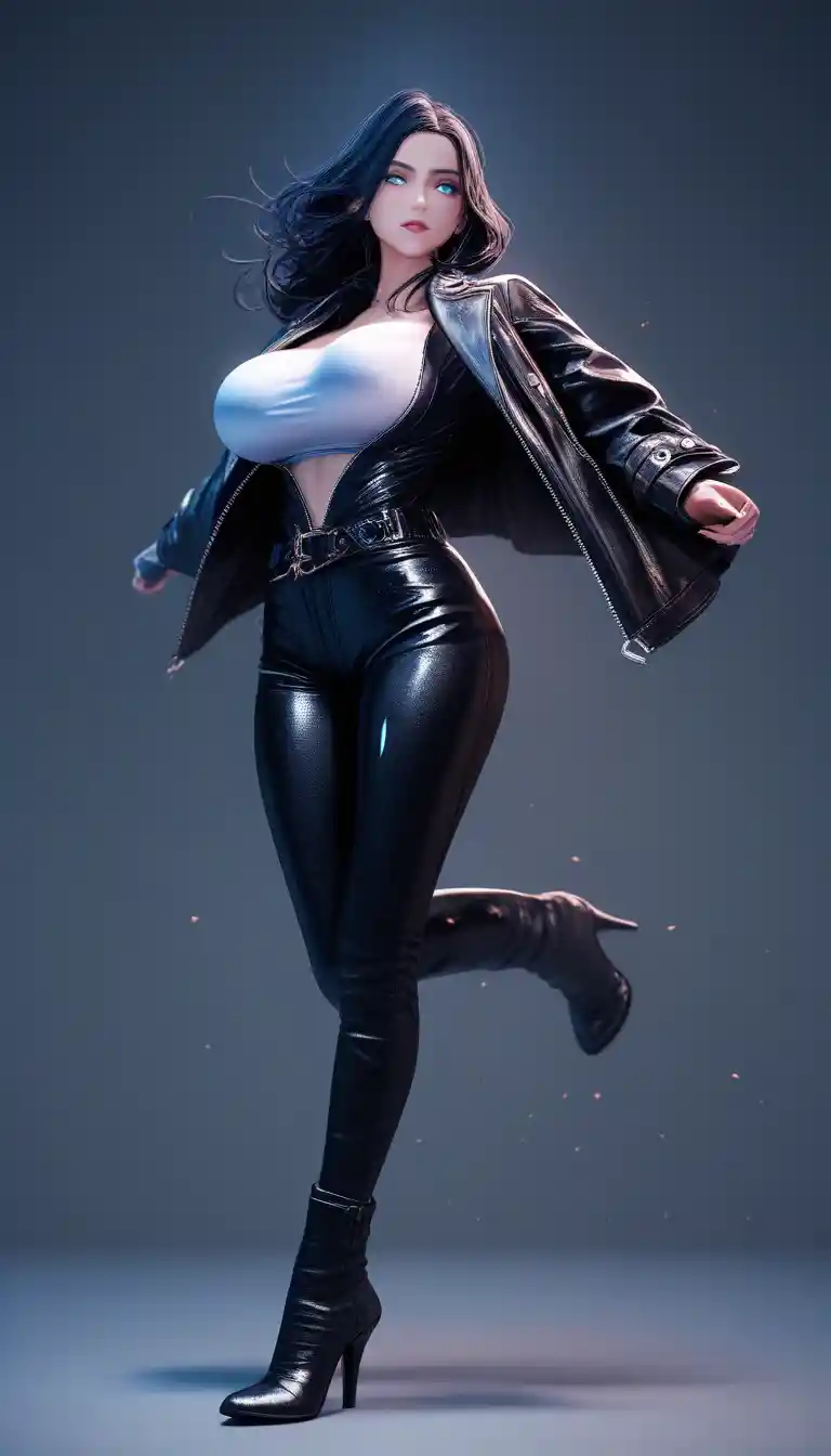 Dark haired woman in unzipped catsuit and leather trench coat