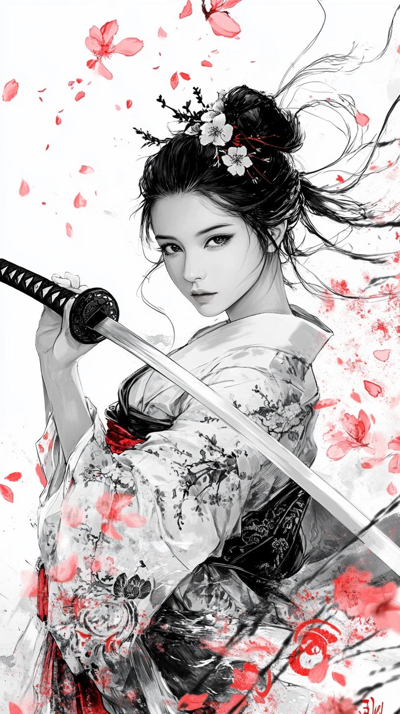 Female samurai in kimono with katana amid cherry blossoms