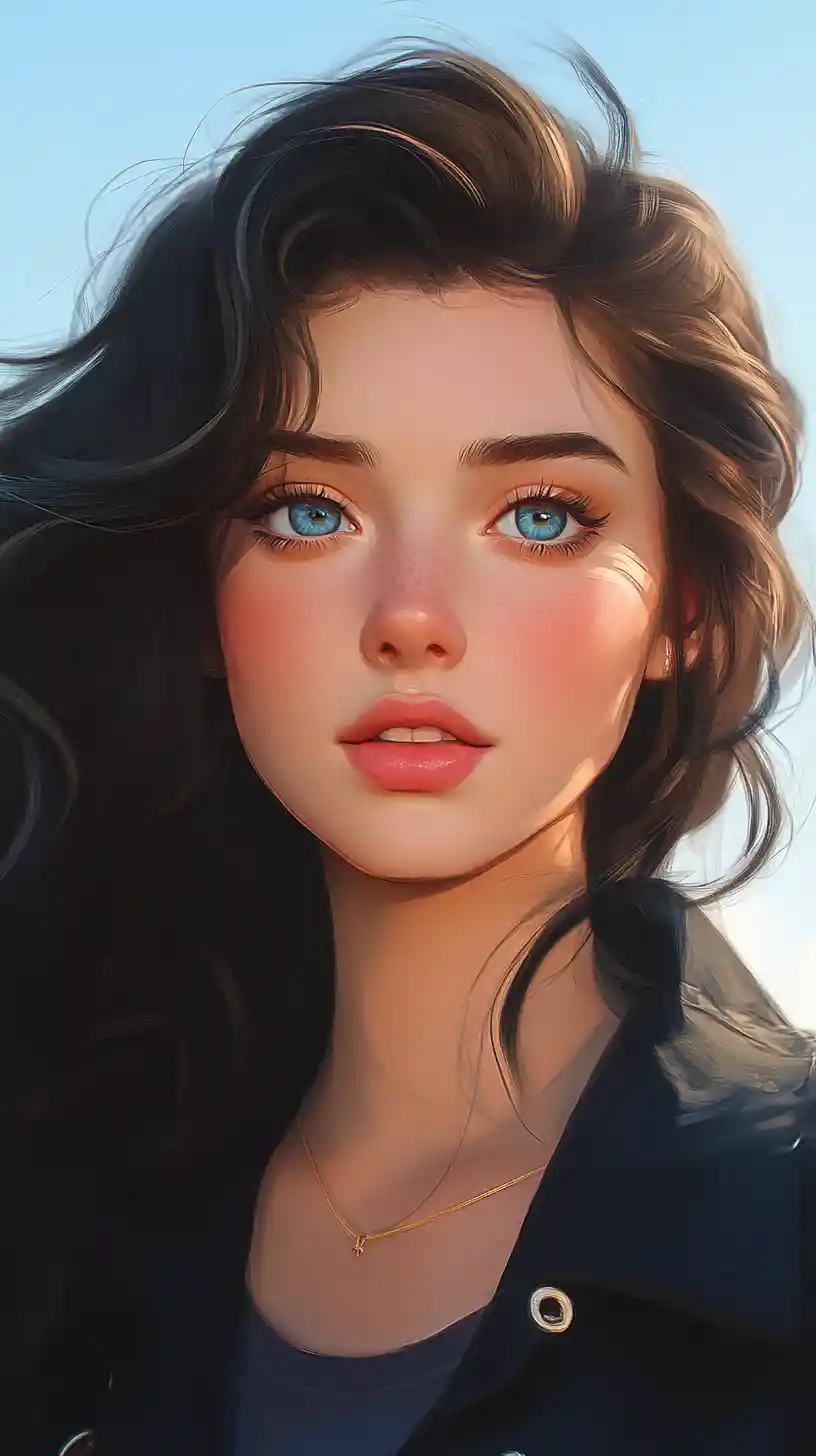 Anime girl portrait under a bright blue sky