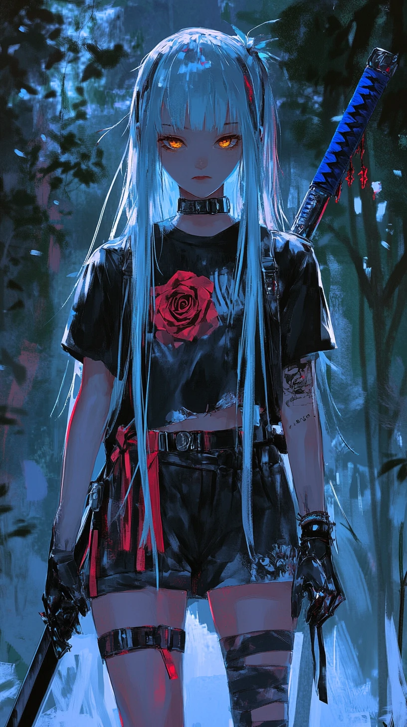 Blue haired anime girl with sword in dark forest