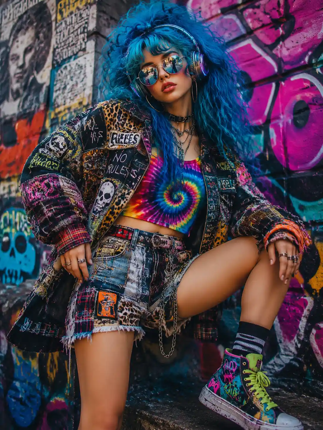 Bold fashion rebel posing in neon urban streetwear