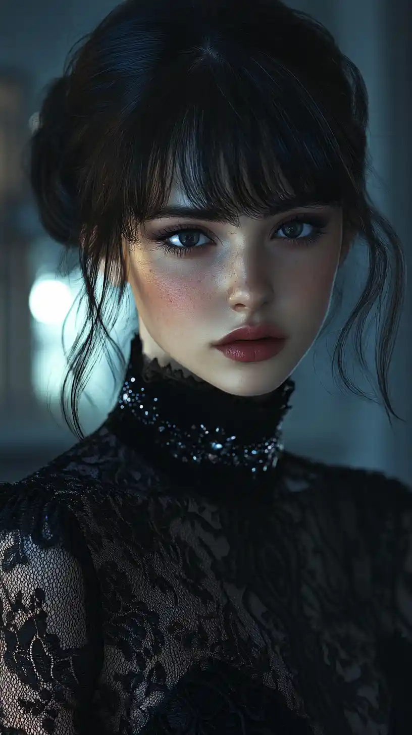 Mysterious young woman in black lace choker portrait