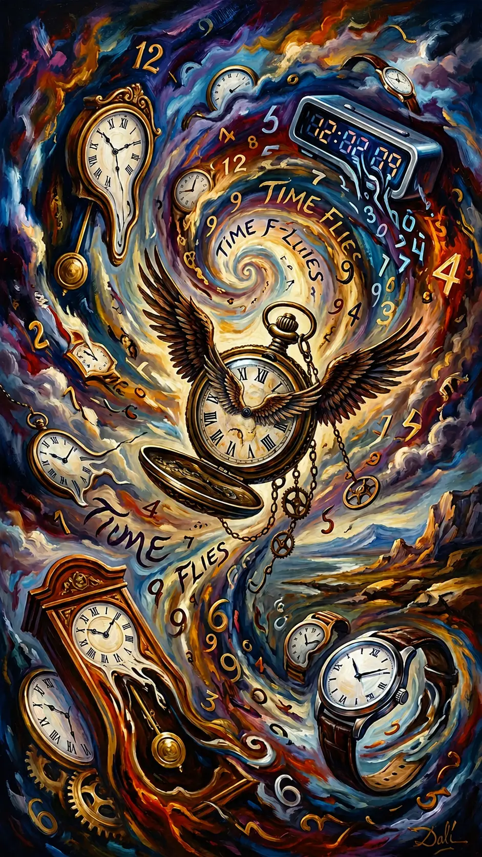 Surreale Taschenuhr mit Adlerflügeln im wirbelnden Zeitvortex