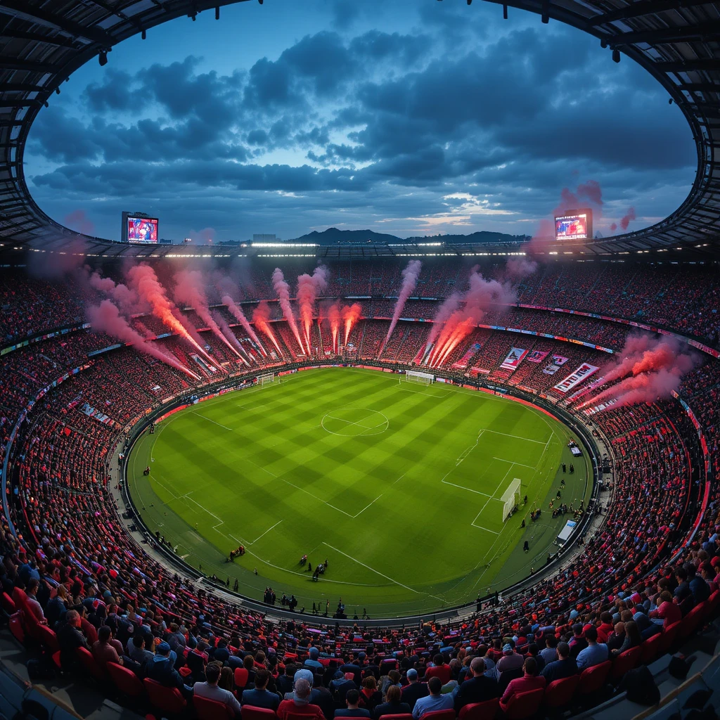 Crowded stadium at dusk with red and white fan mosaic