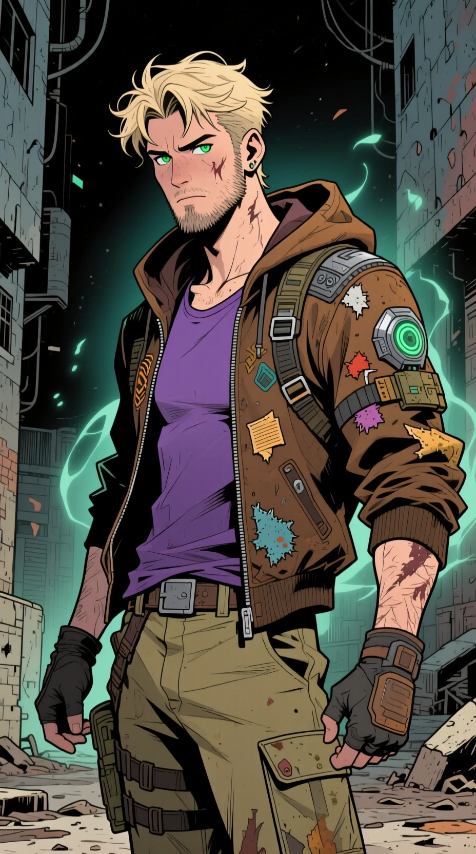 Young space warrior in a gritty urban alleyway