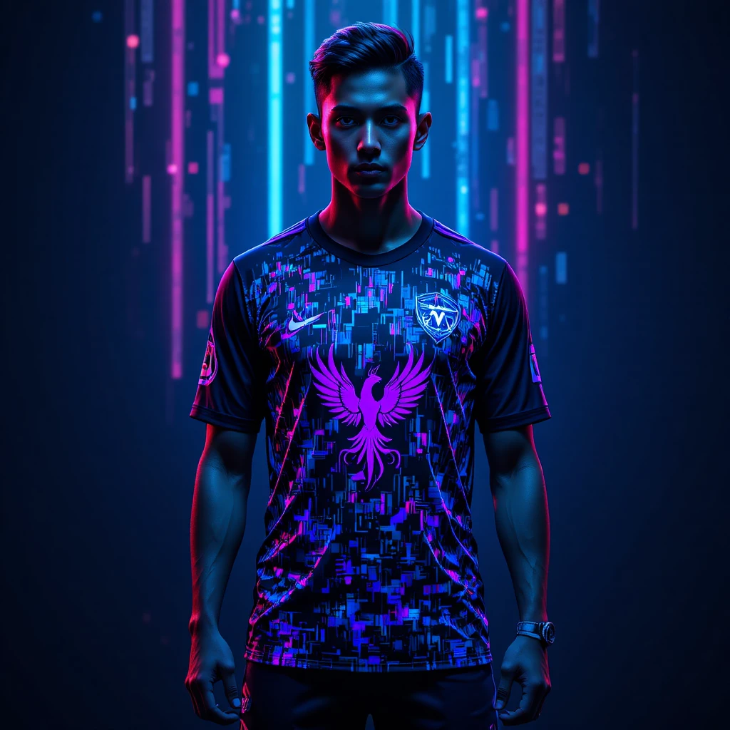 Soccer player in neon glitch jersey studio fashion portrait