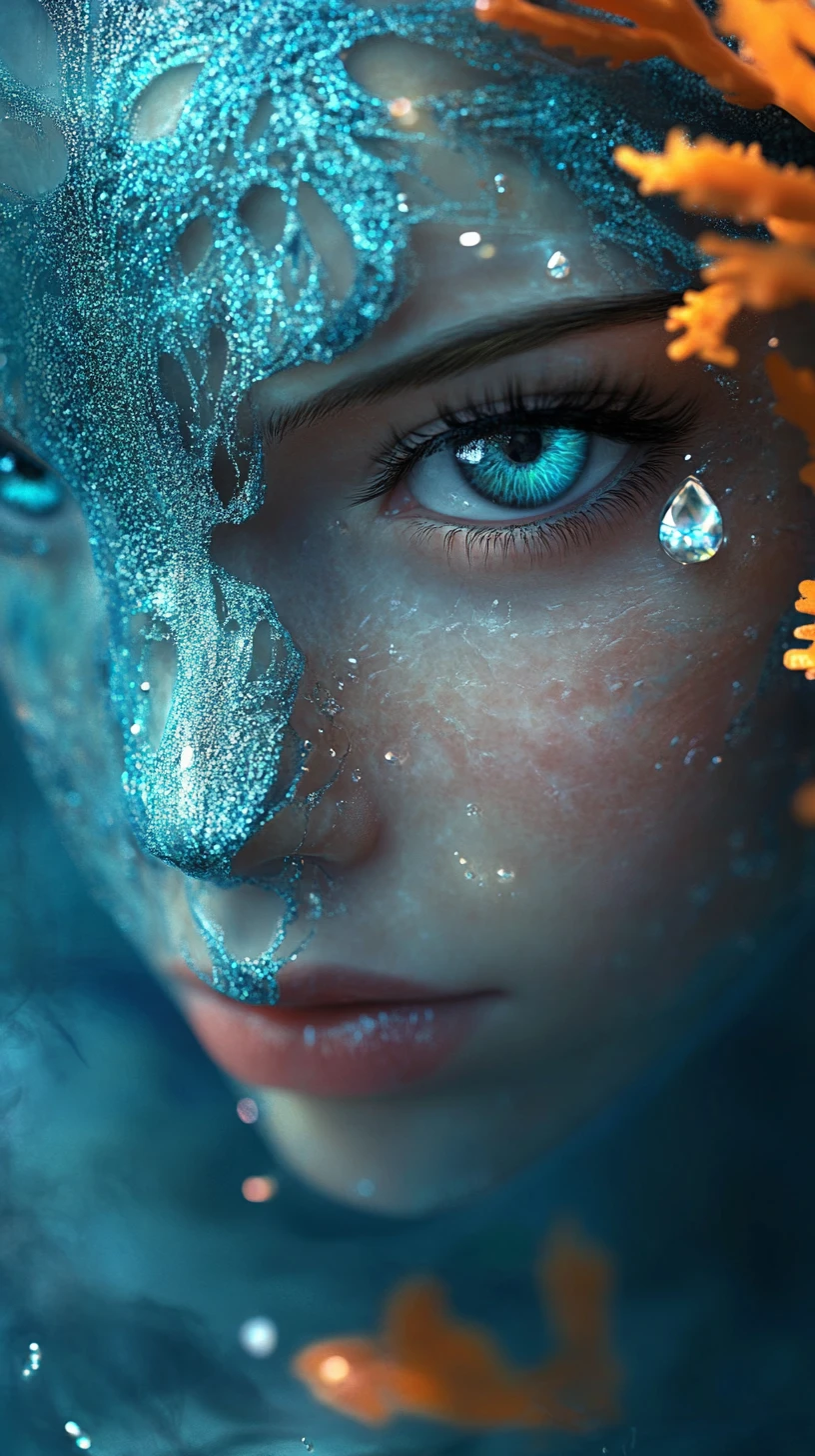 Ethereal aquatic fairy woman in a glowing coral reef