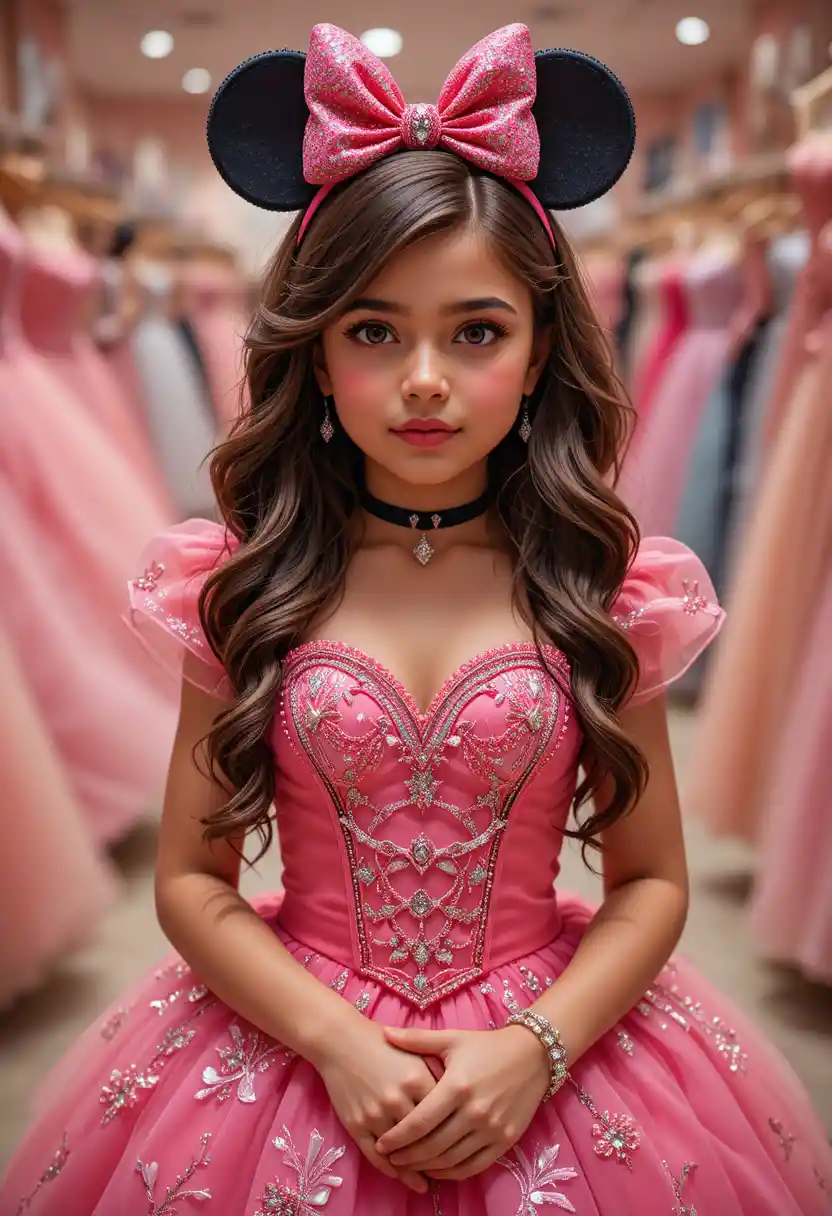 Nervous preteen in hot pink Minnie Mouse princess dress