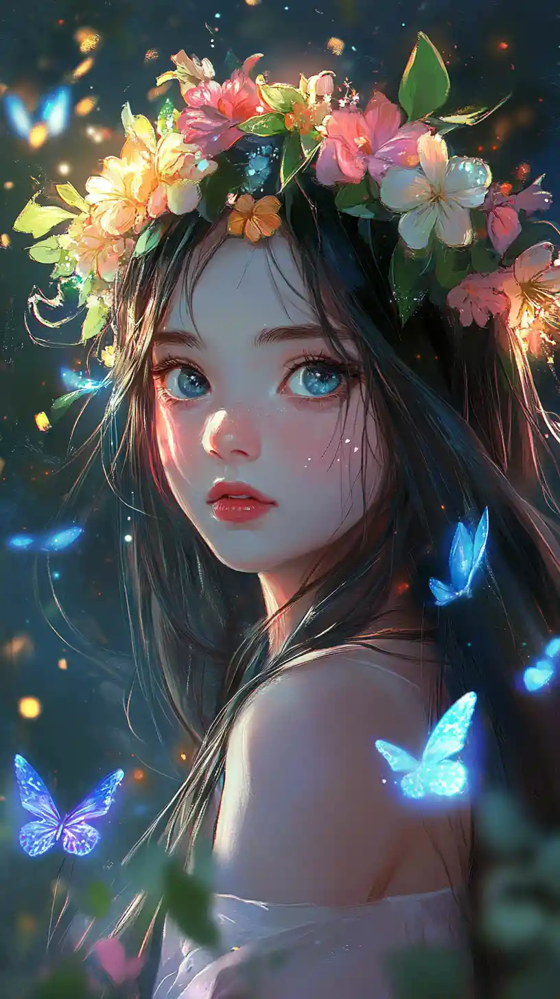 밤 숲에서 빛나는 꽃 왕관을 쓴 판타지 소녀
