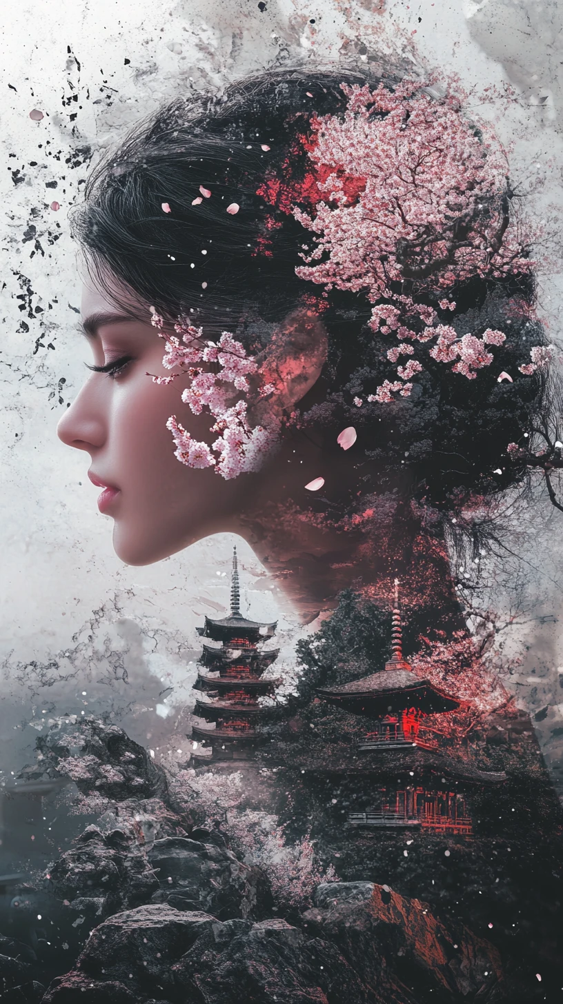 Surreal profile portrait of a woman with blooming cherry blossoms