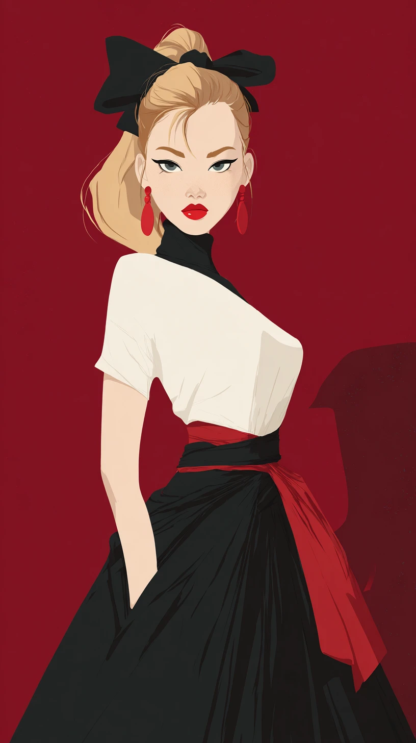 Elegant blonde woman in red and black vector portrait