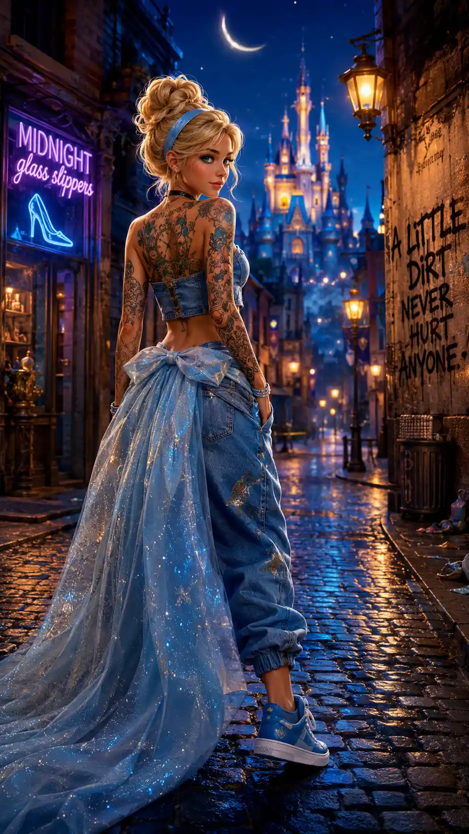 Modern tattooed cinderella in denim on a moonlit city street