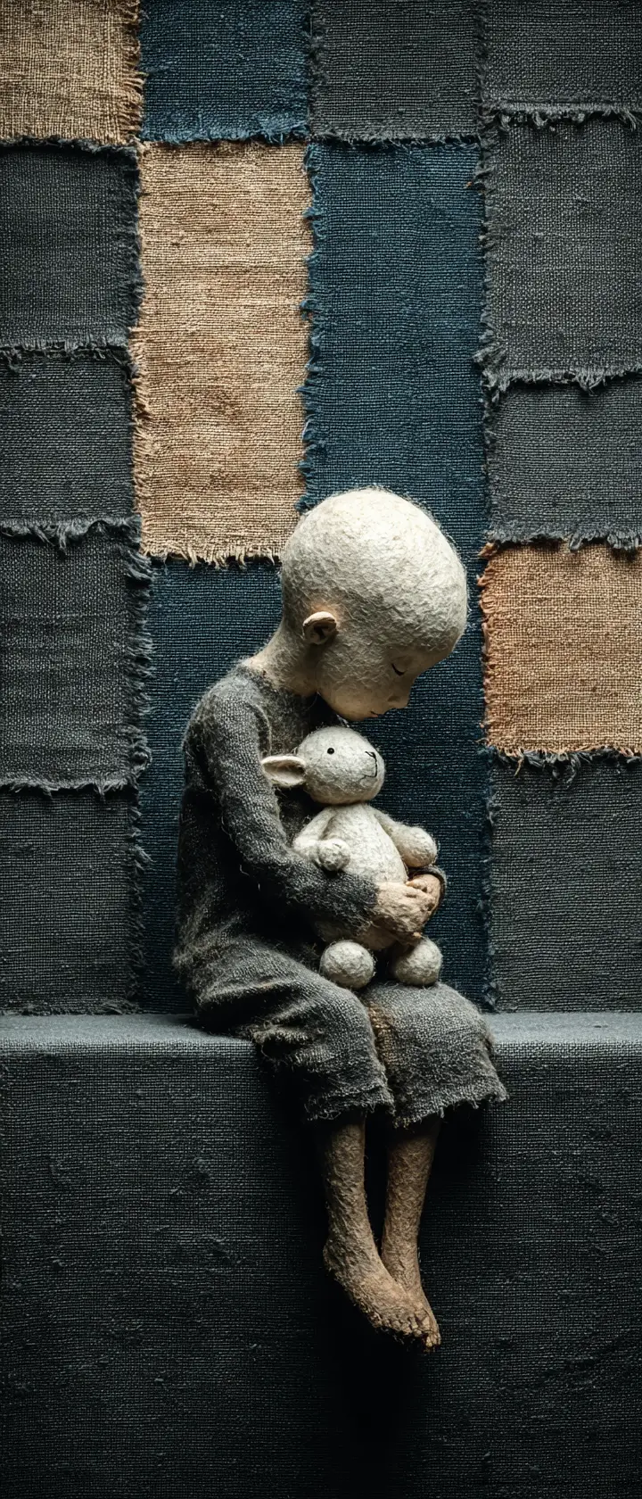 Lonely anime child with torn stuffed toy on burlap floor
