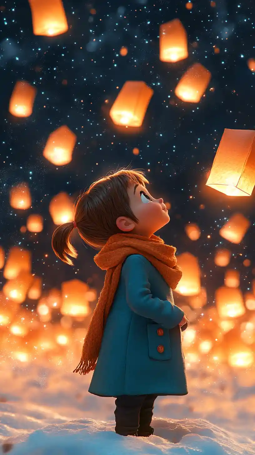 Child watching glowing sky lanterns in a magical night sky