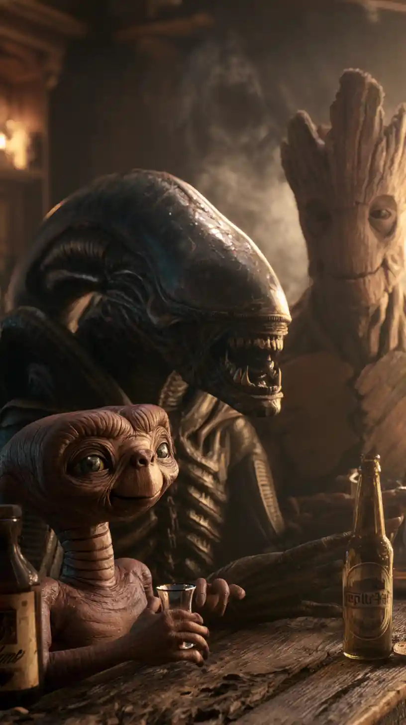 Three aliens sharing drinks at a cozy wooden bar