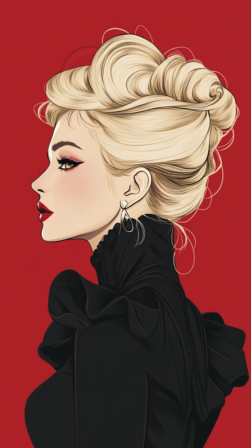 Glamorous platinum blonde anime woman in retro black and red outfit