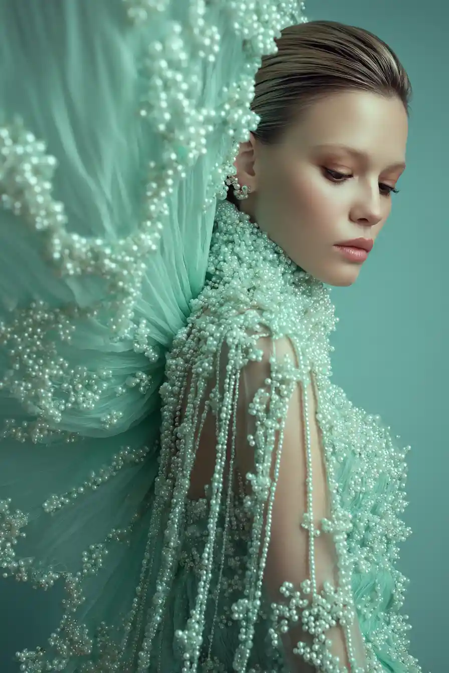 Mint green couture gown with dramatic pearl detailing