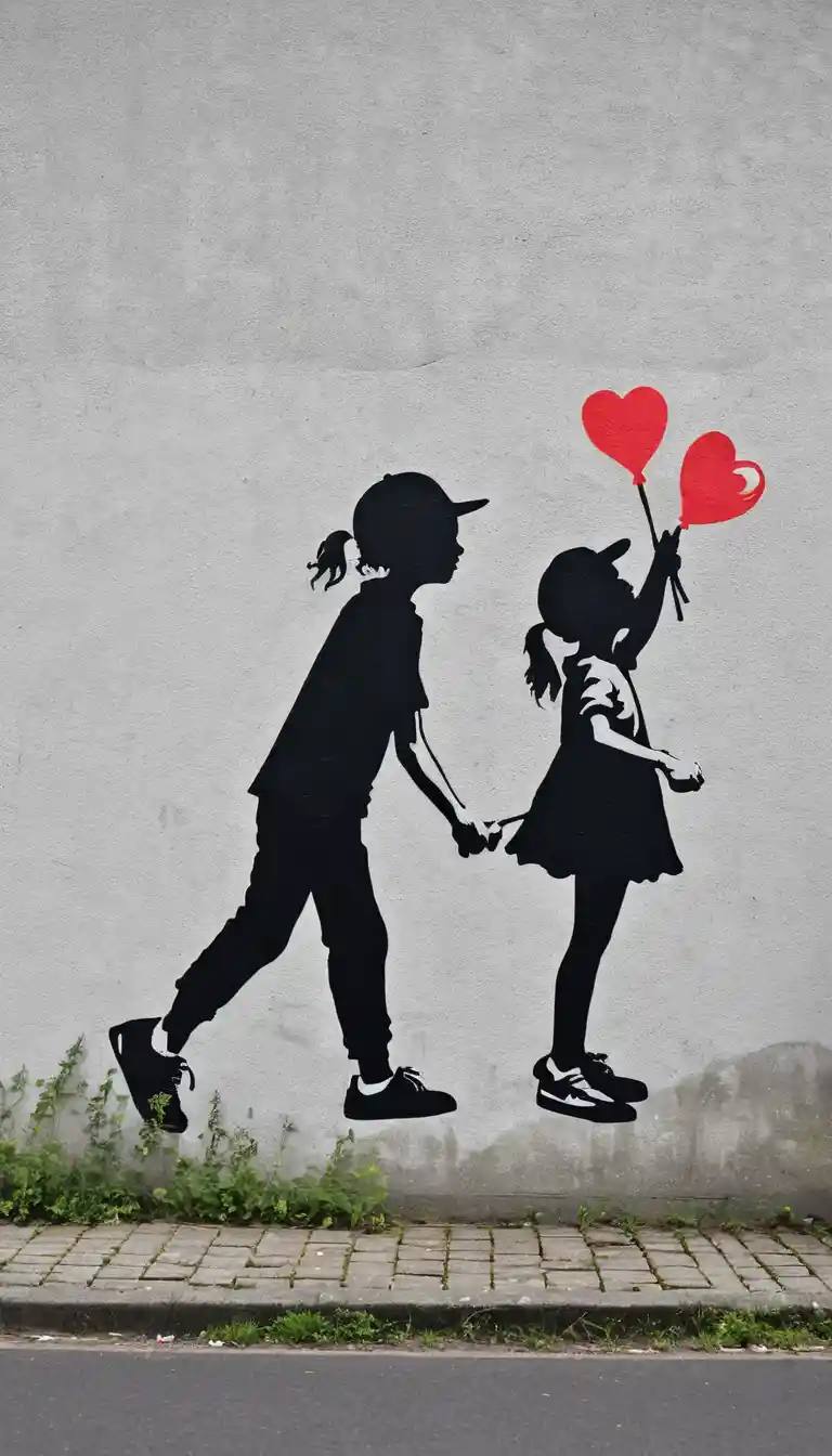Silhouetted children in tense street art standoff scene