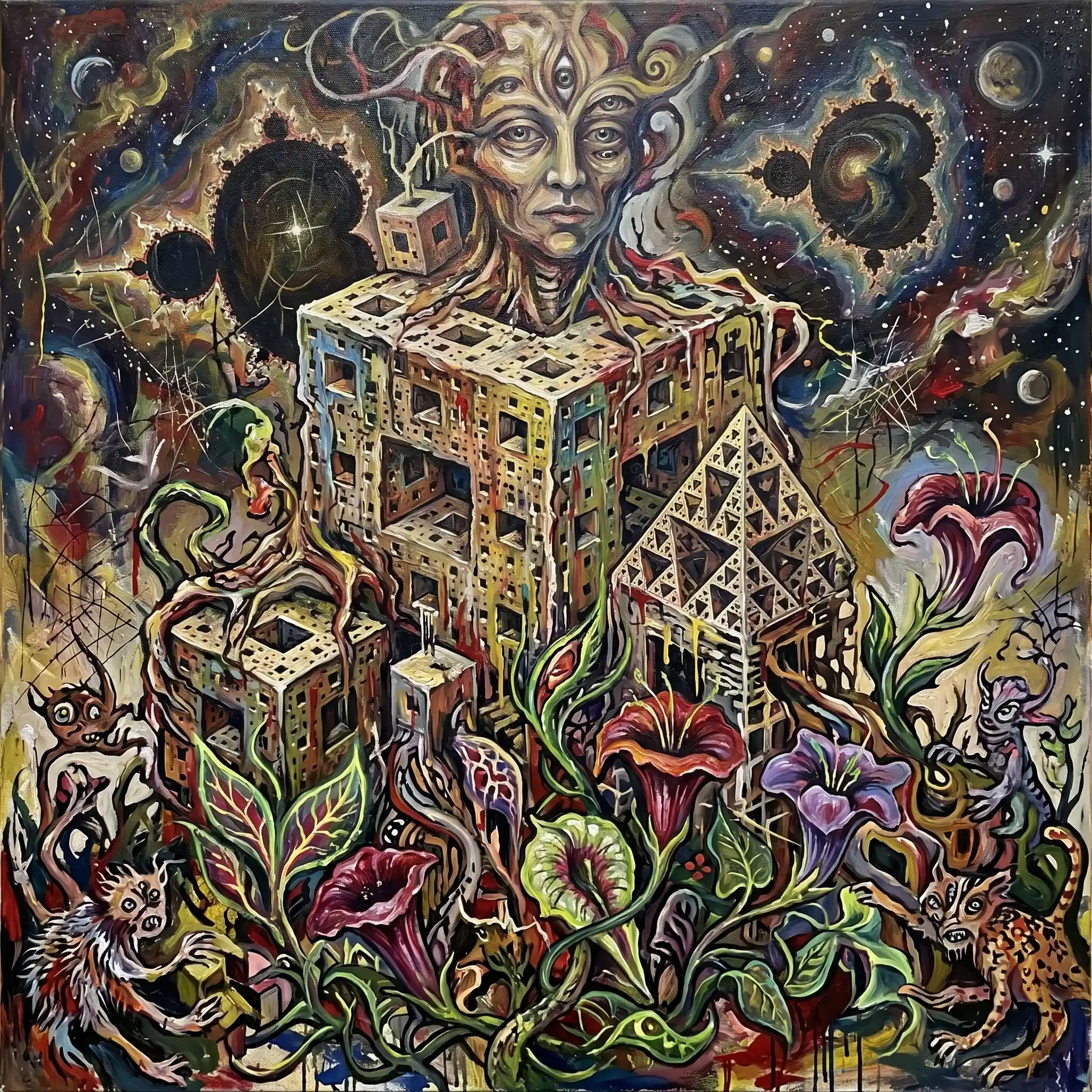 Surreal fractal being emerging in a fantastical garden