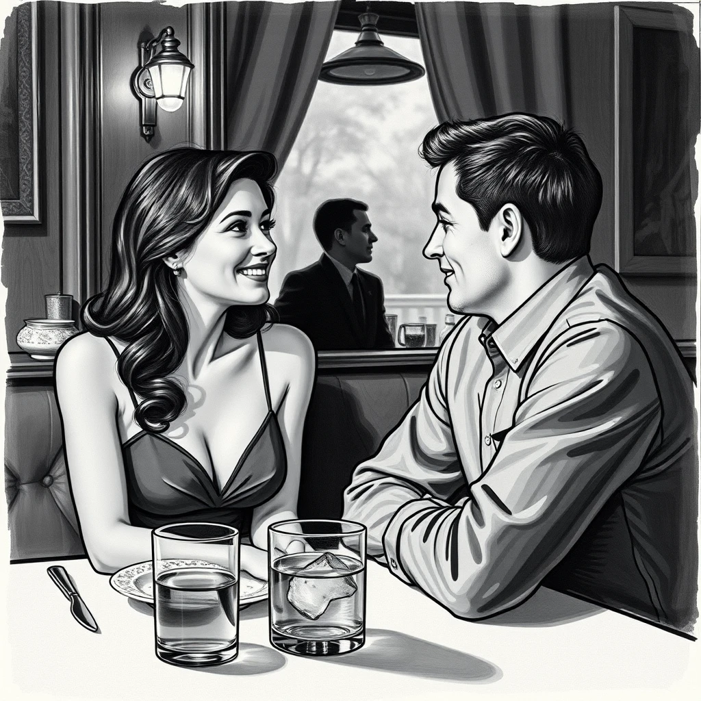 Man crossing a restaurant to approach a seated woman