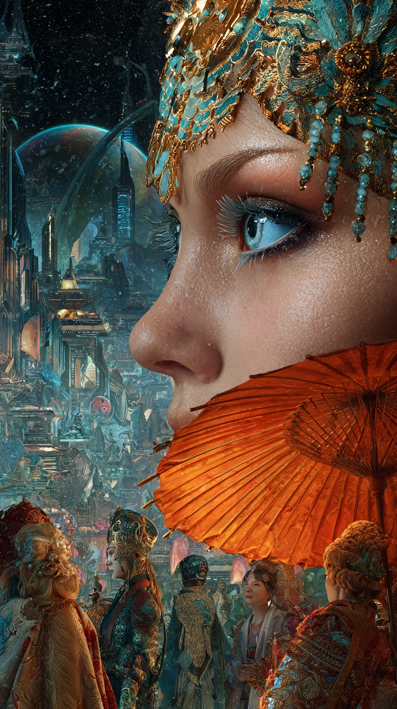 Profile portrait of jeweled woman before futuristic asian city