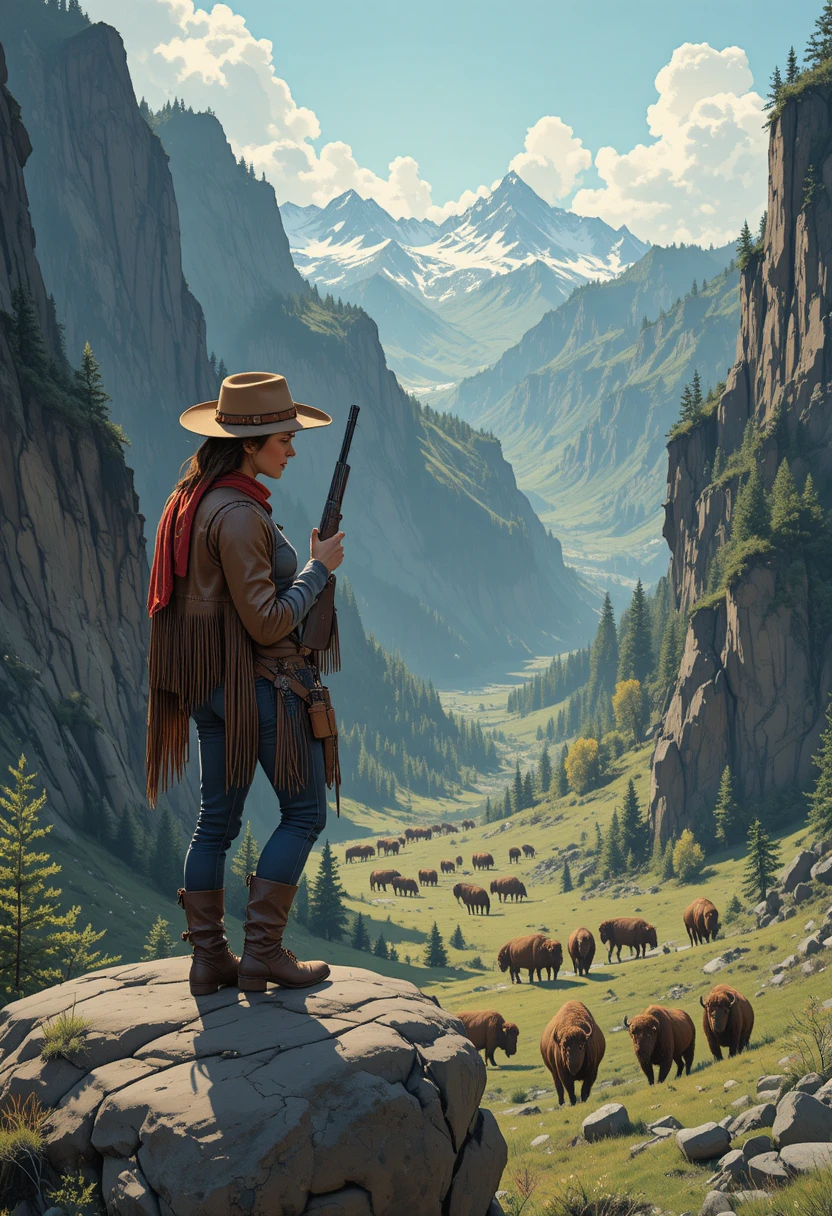 Cowgirl with rifle overlooking bison herd in valley