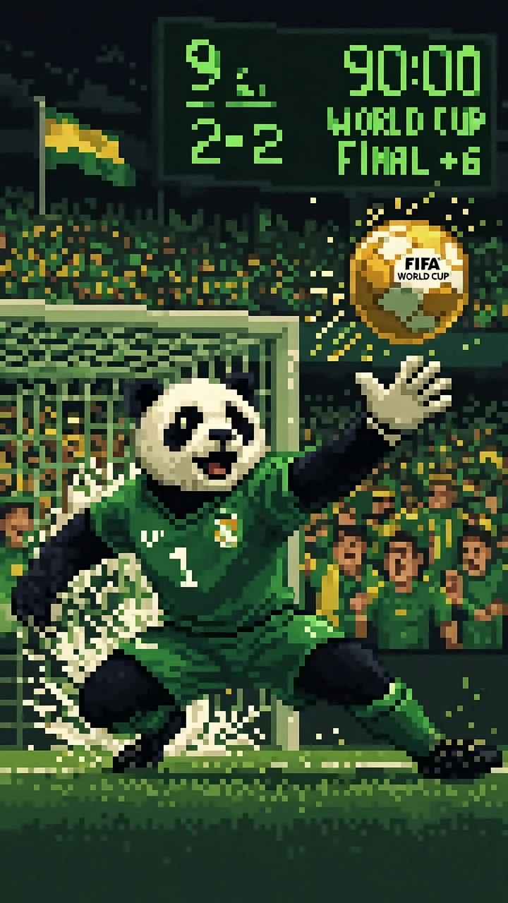 Pixel art panda goalkeeper diving in a world cup stadium