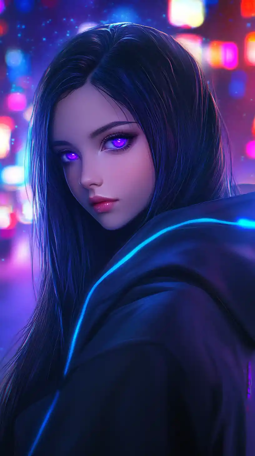 Anime girl with glowing purple eyes in neon city