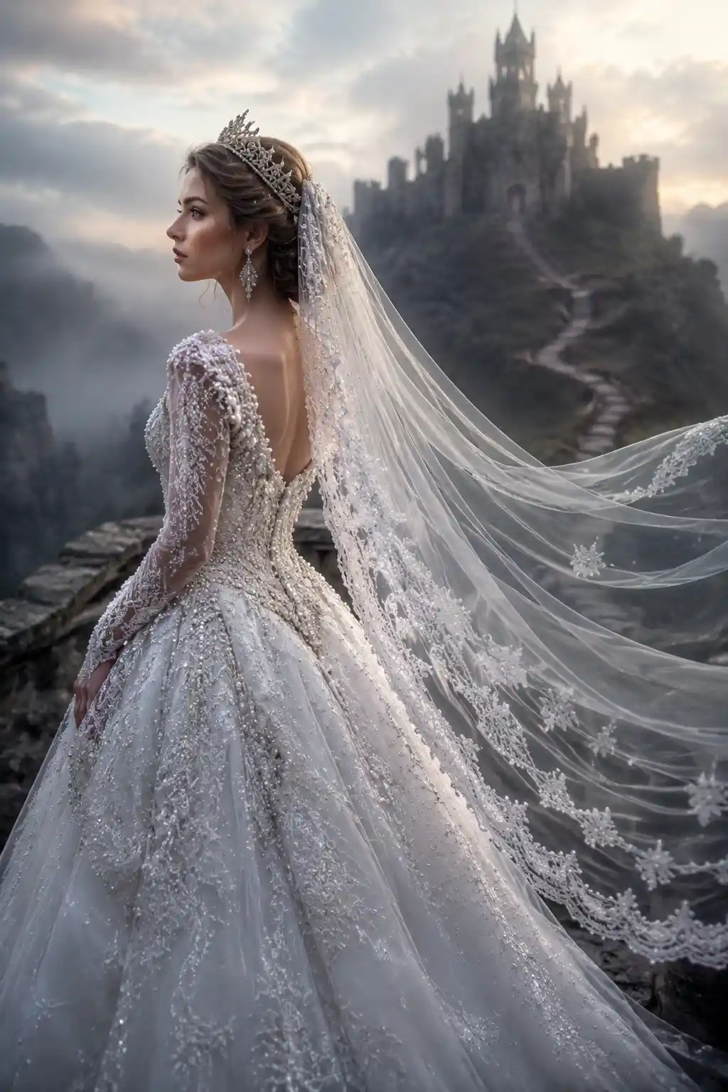 Princess bride in profile with flowing veil and castle