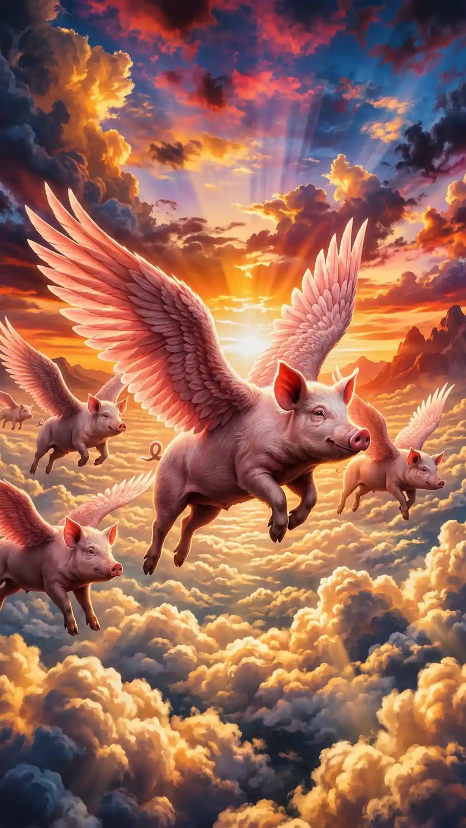 Flying angel pigs in a glowing fantasy sunset sky