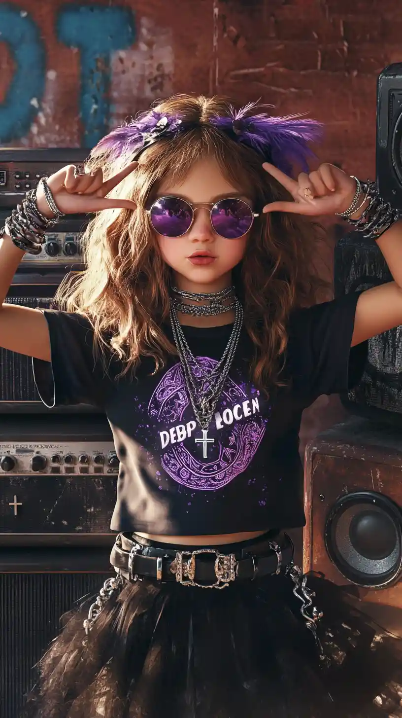 Ragazza rock chic con ali viola e tatuaggi