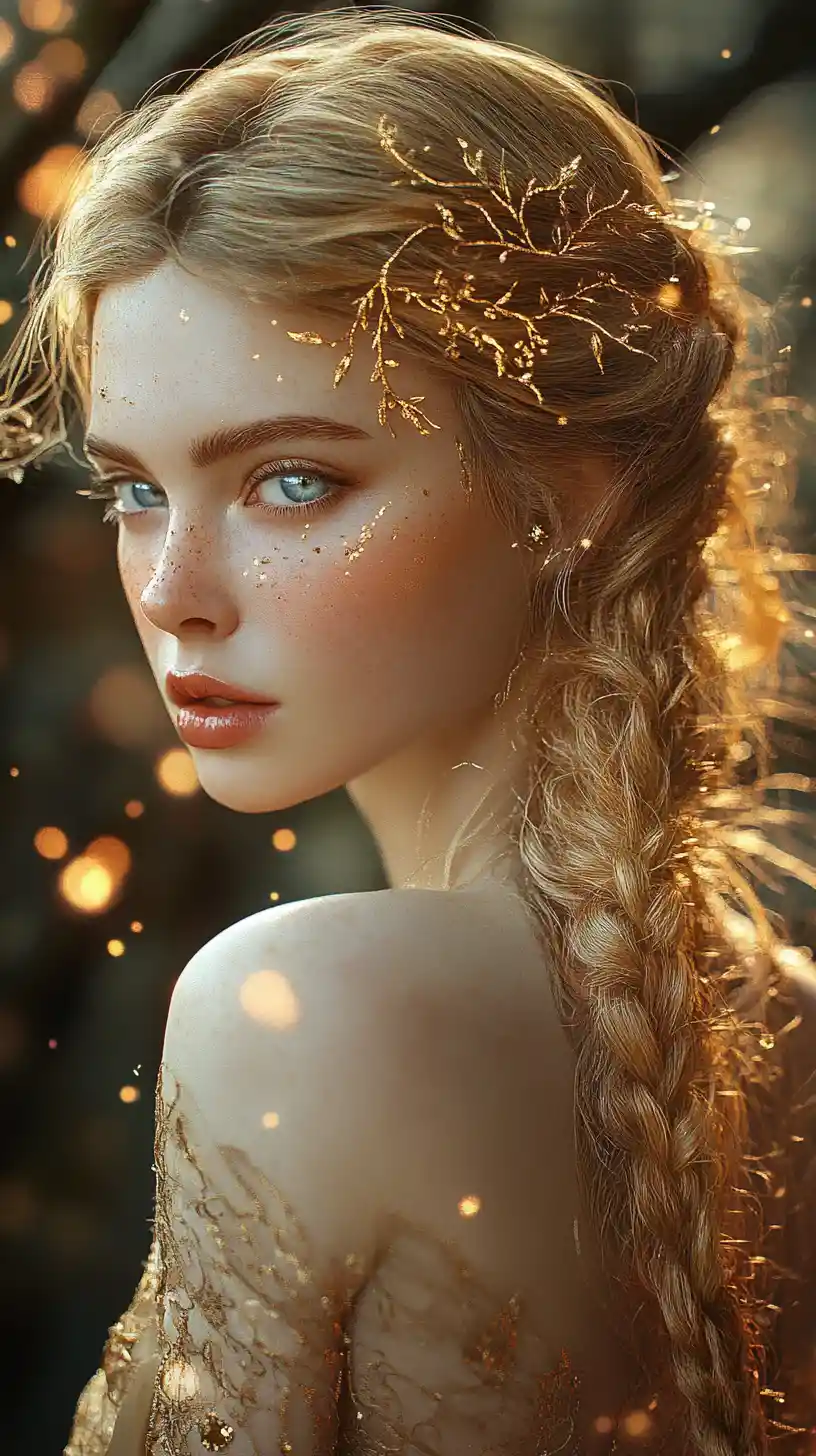Golden haired fantasy woman in an enchanted forest