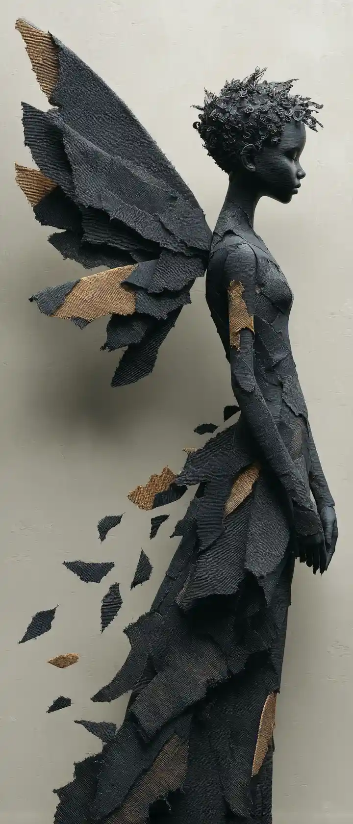 Sorrowful anime figure with a single dark wing
