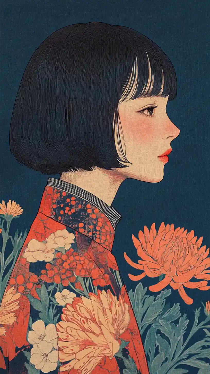 Ukiyo e portrait of a girl in a patterned jacket