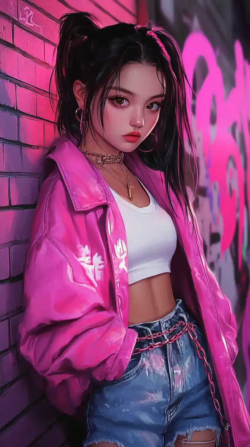 Anime street girl in pink jacket against graffiti wall