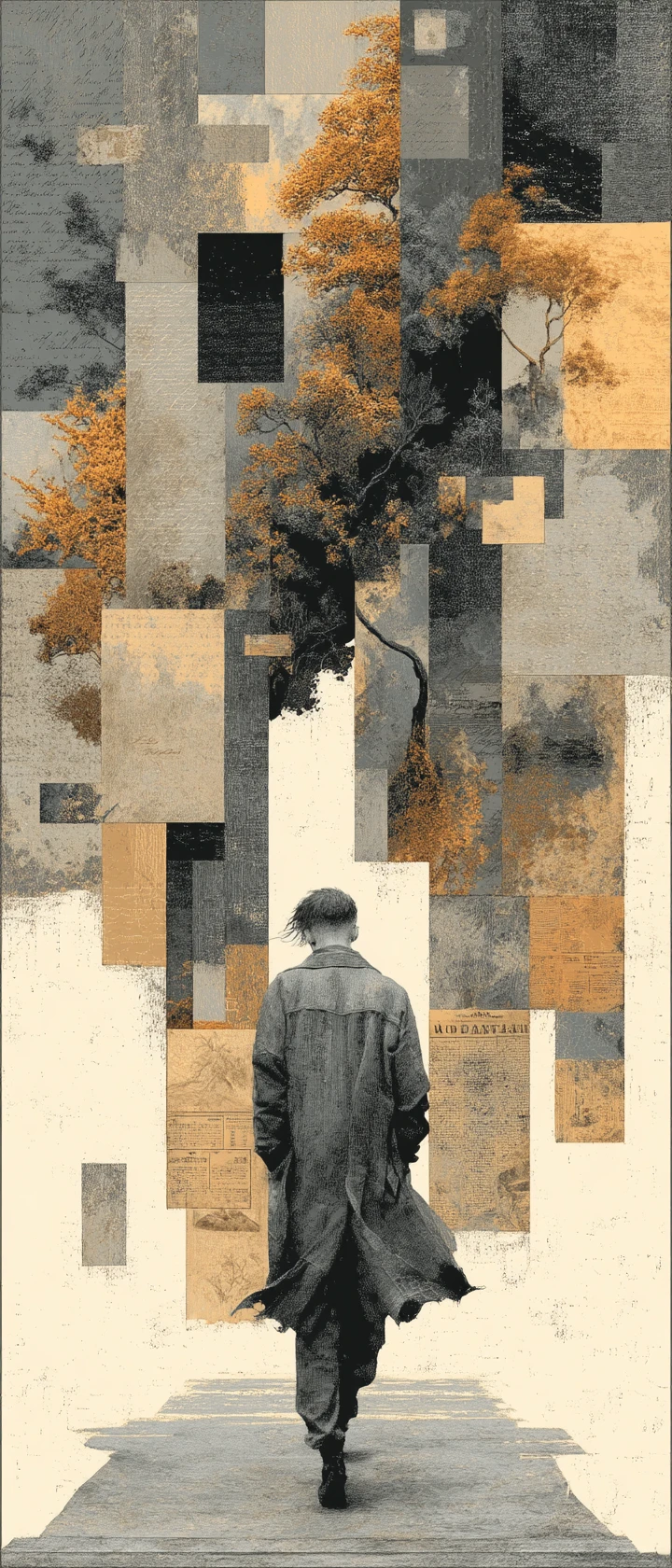 Anime woman walking away into a vast torn fabric wall