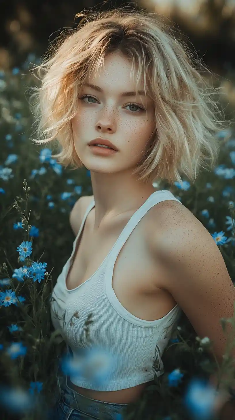 Young woman in a flower meadow oil painted portrait