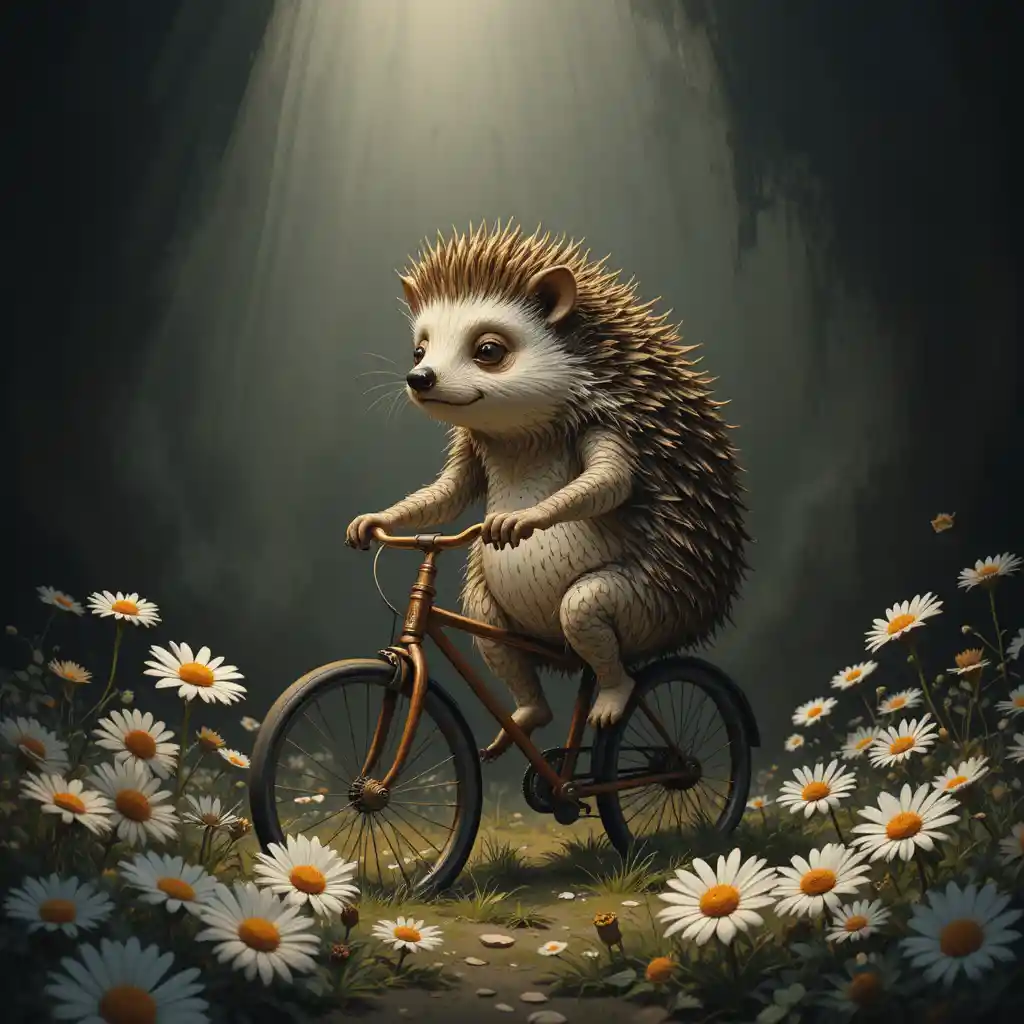 Whimsical hedgehog riding a bicycle through soft daisies