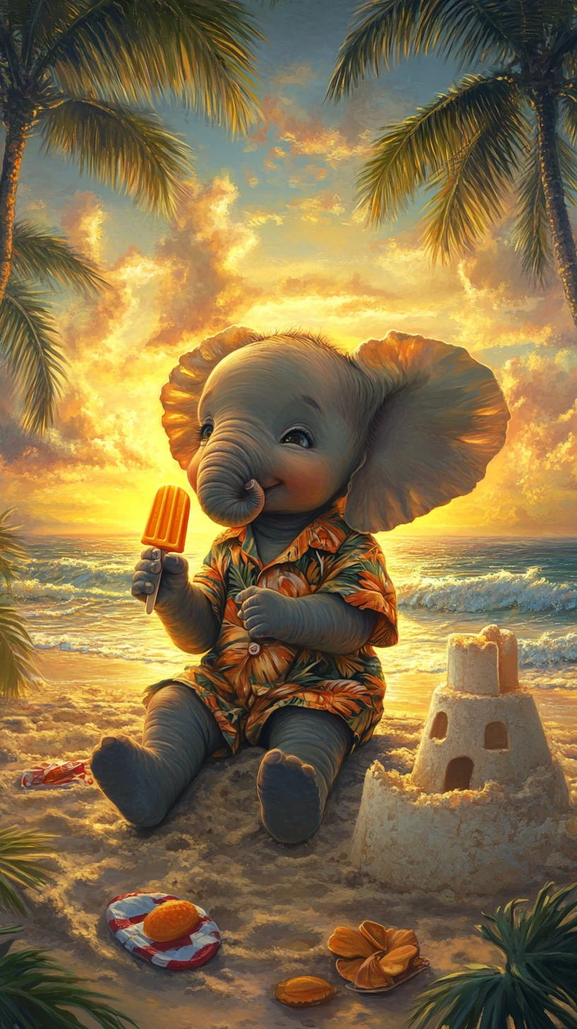 Cute baby elephant enjoying popsicle on tropical beach