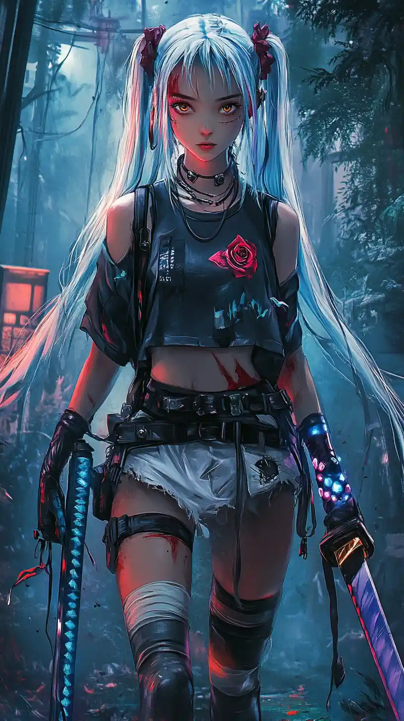 Blue haired anime girl warrior standing in a dark forest